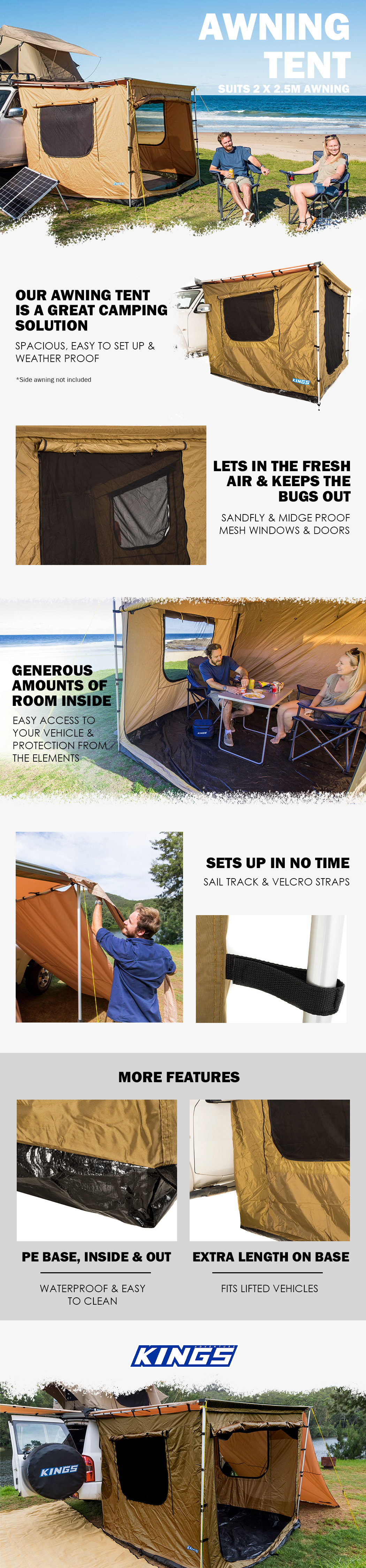 Kings 2x2.5m Car Awning Tent 4WD Sun 4x4 Shades Outdoor Camping Offroad